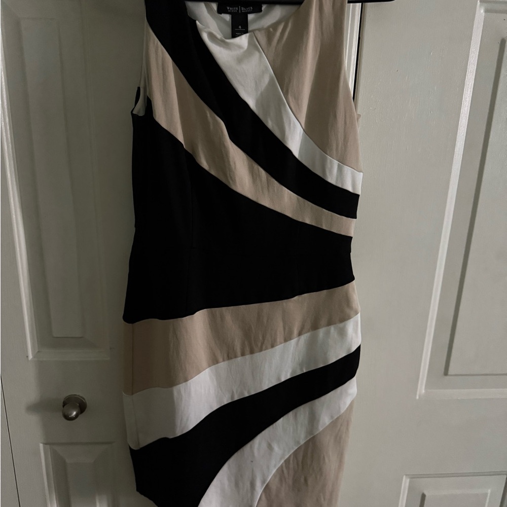 White House Black Market Black and Cream Asymmetrical Midi Dress